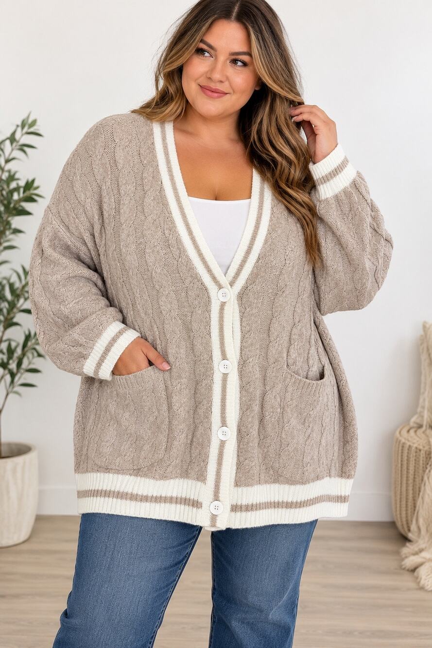 NWT BloomChic Beige Cable Knit Varsity Cardigan Size 22-24 3X
